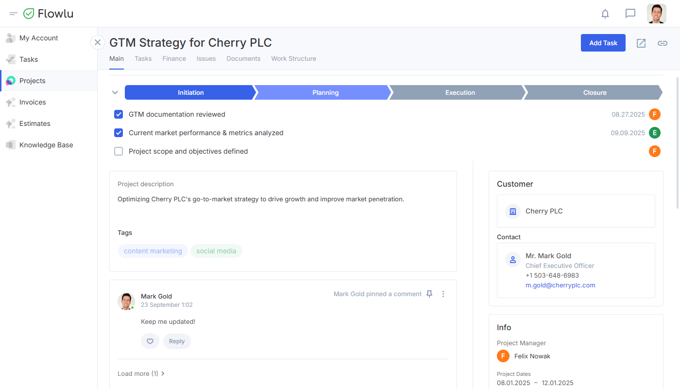 Flowlu - Portal seguro para compartir documentos: espacio brillantemente organizado para clientes