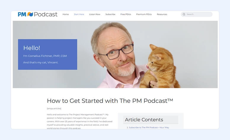 PM Podcast home page with Cornelius Fichtner and his cat, Vincent