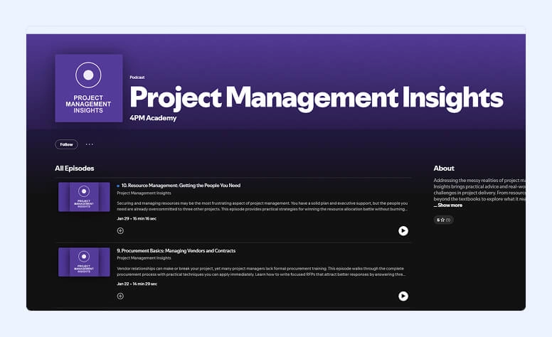 Spotify podcast page of Project Management Insights