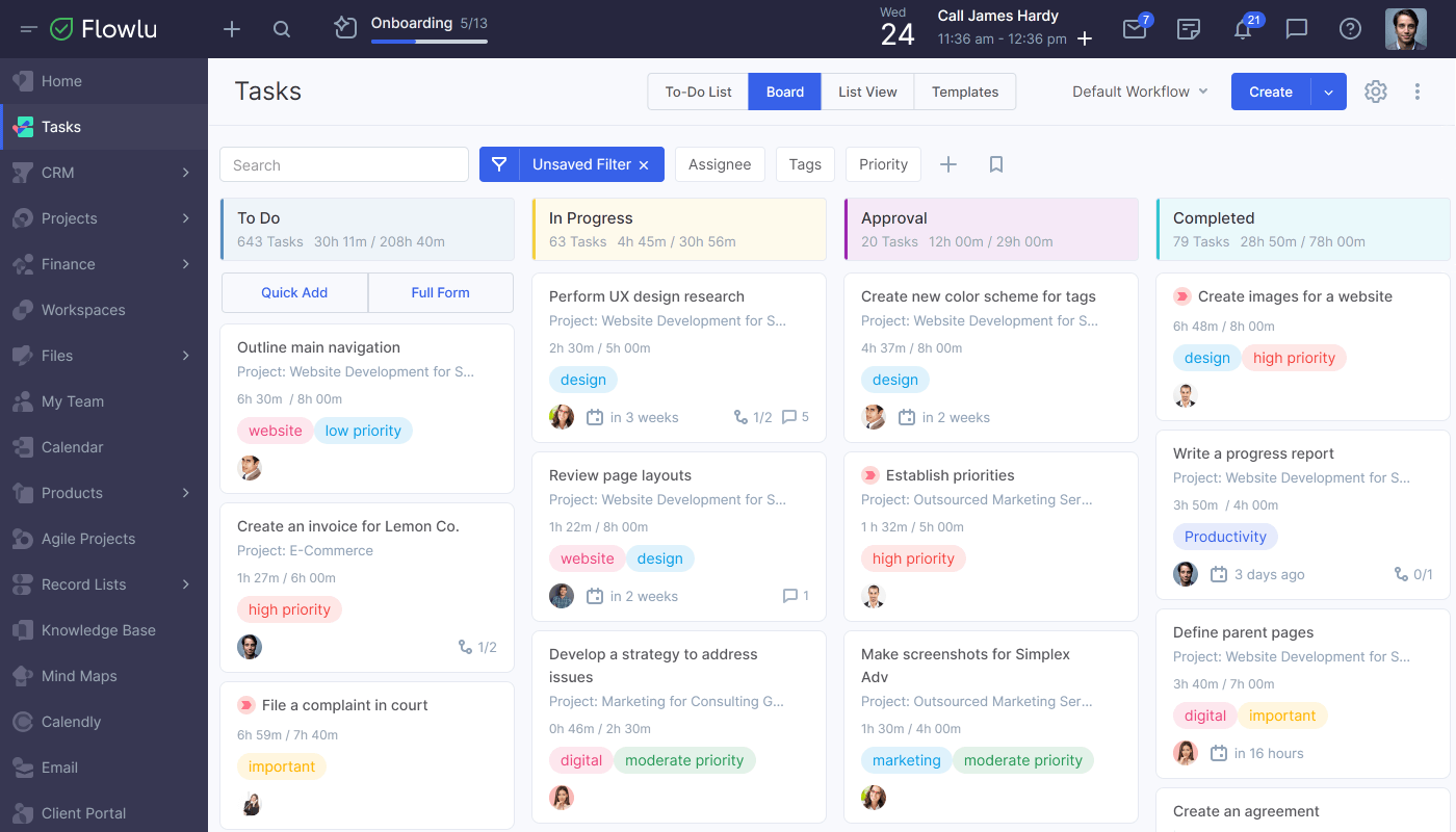 Flowlu - Vista Kanban para tareas