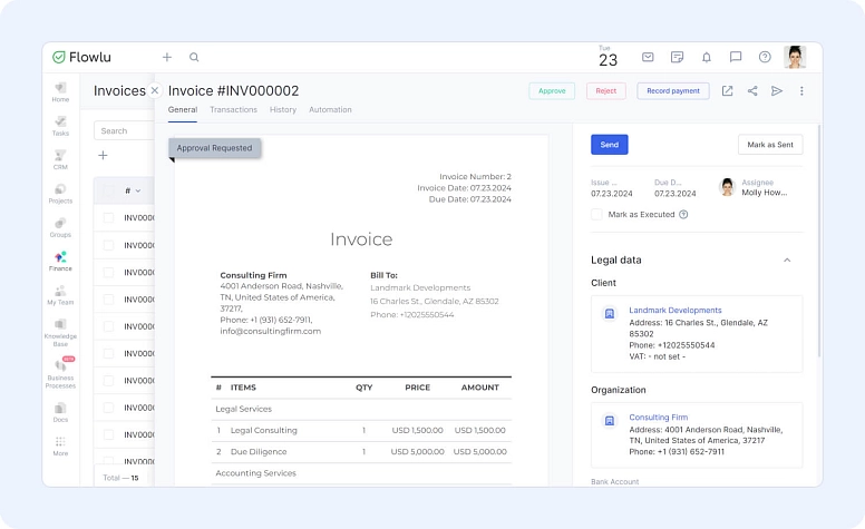 Flowlu invoice management interface with approval workflow, client details, and payment tracking