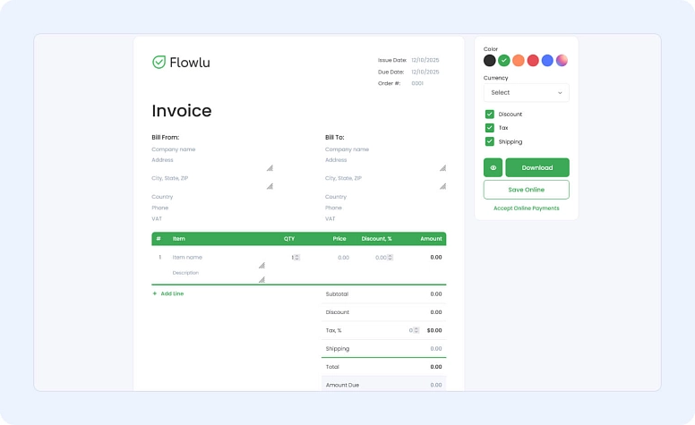 Flowlu invoice template editor with customizable fields, pricing, taxes, and online payment options