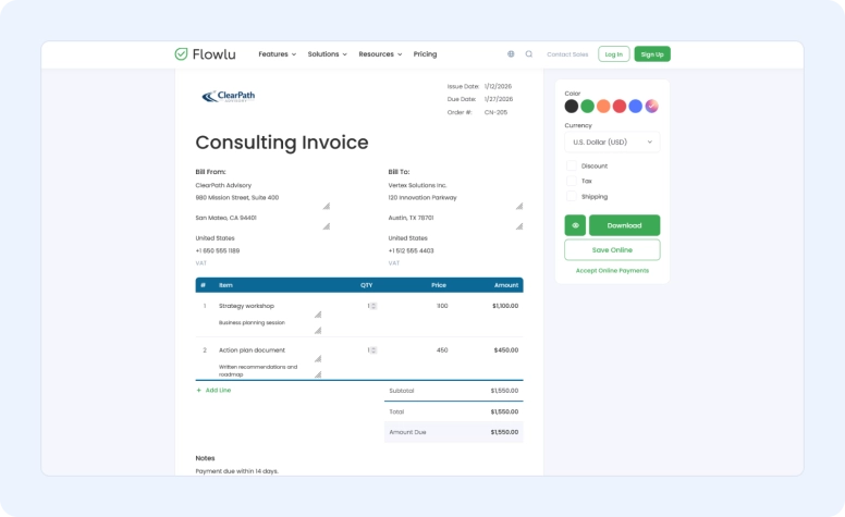 Flowlu consulting invoice template showing professional invoice with services, pricing, and customizable payment settings