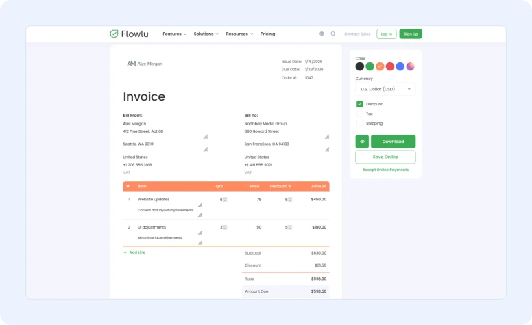 Flowlu invoice template with discount feature showing itemized services, pricing, and customizable billing options