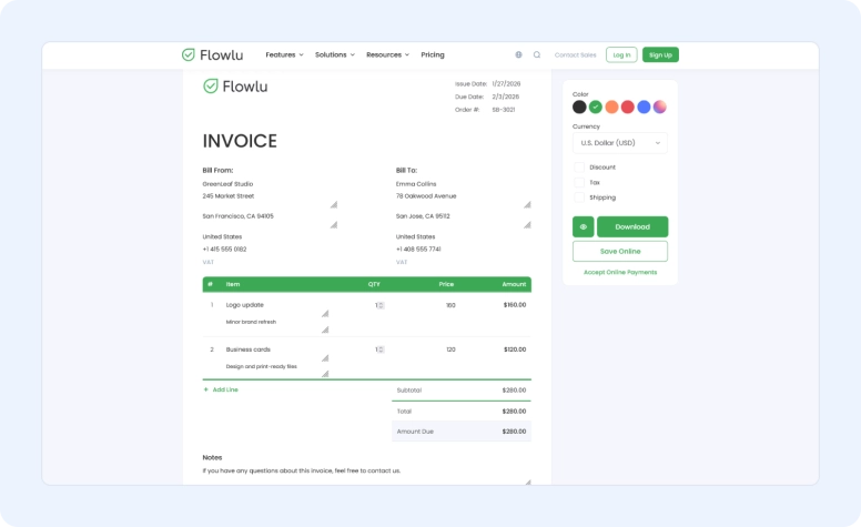 Flowlu invoice generator interface showing customizable invoice template with items, pricing, and online payment options