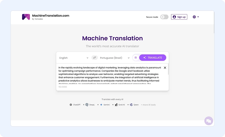 Interface da ferramenta de tradução com IA MachineTranslation.com para traduzir textos entre inglês e português