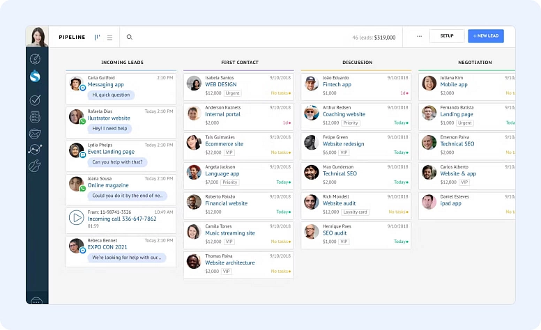 CRM sales pipeline board with incoming leads, contact stages, deal tracking, and customer communication