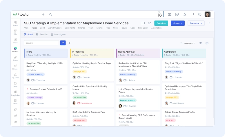 Flowlu project management board for SEO strategy showing tasks, workflow stages, and team collaboration