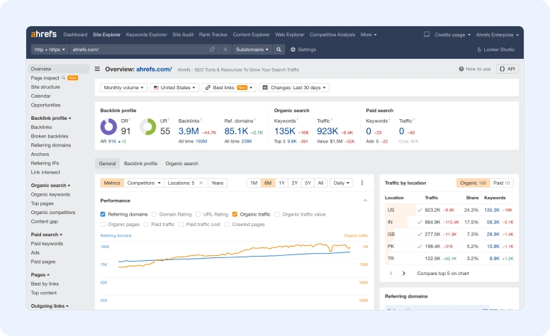 Ahrefs SEO dashboard showing backlink profile, organic traffic, keyword rankings, and performance metrics