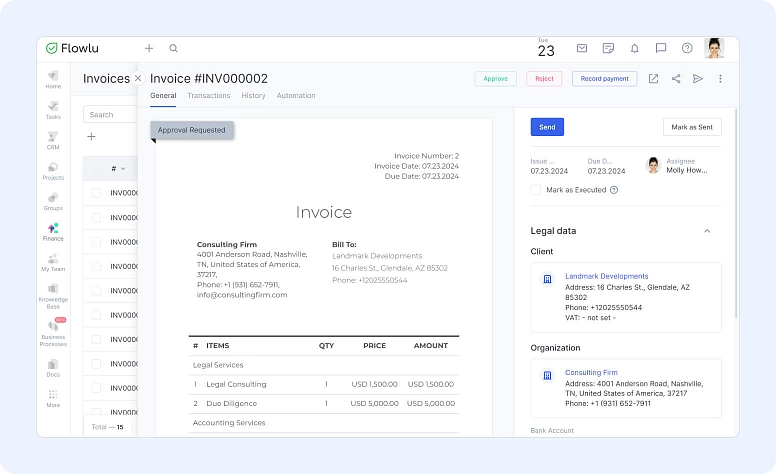 Flowlu invoice management screen showing invoice details, approval status, and client payment information