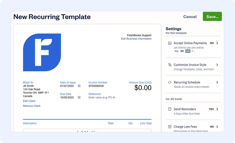 Recurring invoice template interface for automated billing, payment scheduling, and client invoicing