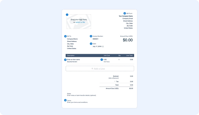 Editable invoice template with fields for company details, line items, taxes, and total amount due