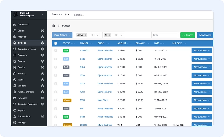 Invoice management dashboard with status tracking, client details, and payment overview