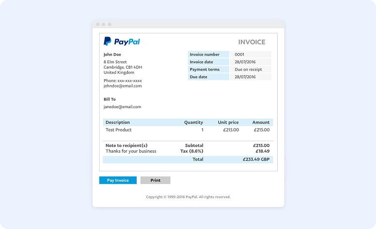 PayPal invoice example with payment details, itemized charges, and total amount due