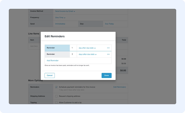 Invoice payment reminder settings interface for scheduling automatic reminders after due date