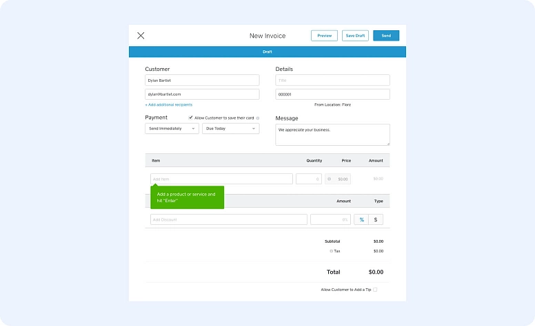 New invoice creation form with customer details, payment terms, and itemized billing fields