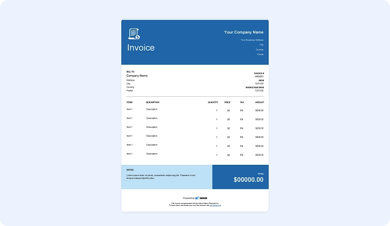 Professional invoice template with company details, itemized billing, taxes, and total amount