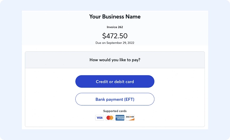 Online invoice payment page with credit card and bank transfer options