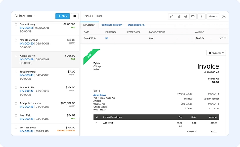 Invoice details view with payment history, status, and itemized billing information