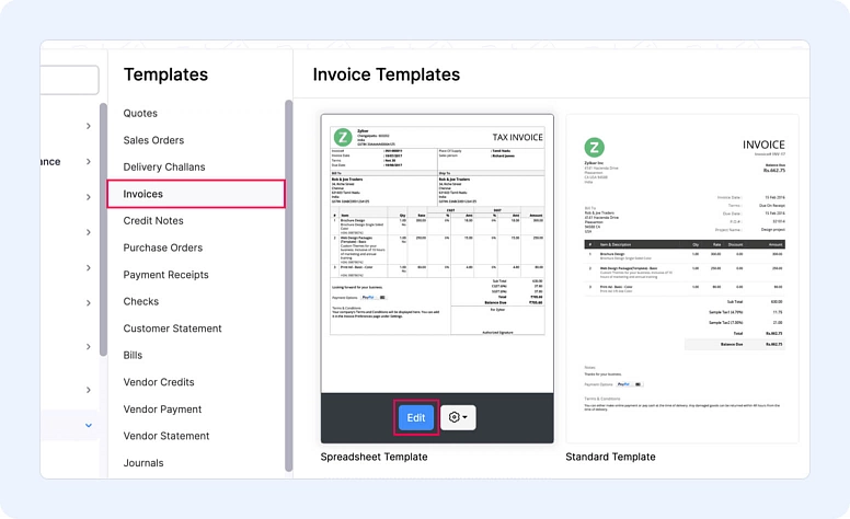 Invoice template selection screen with editable invoice layouts and customization options