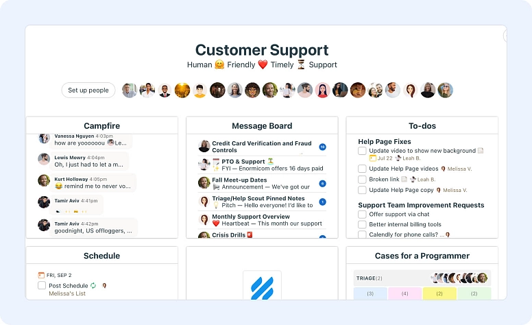 Customer support dashboard with team collaboration, message boards, tasks, and help desk workflow management