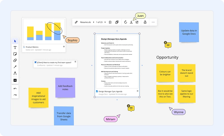 Online whiteboard tool with team collaboration, document sharing, feedback notes, and visual project planning