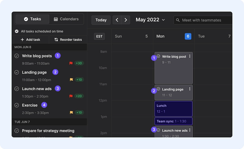 Task and calendar view for scheduling daily work, managing tasks, and tracking productivity in business planning software