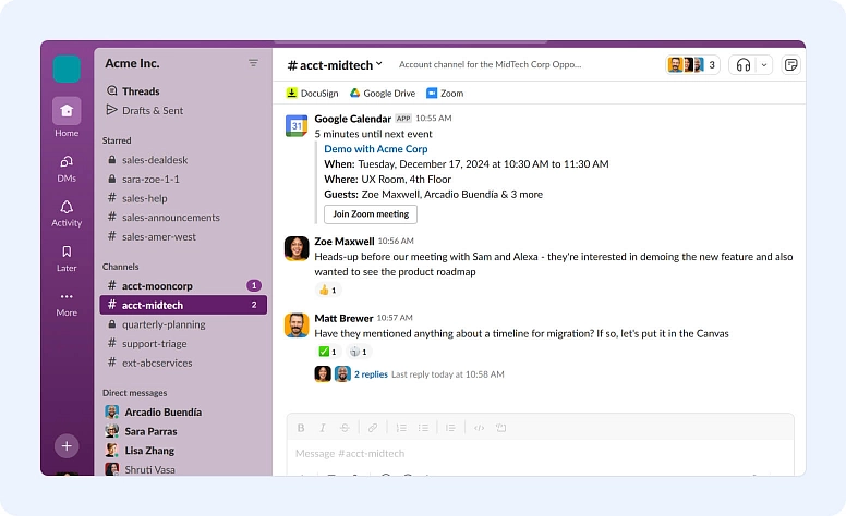 Team communication platform with shared channels, calendar integration, and real-time collaboration for business workflows