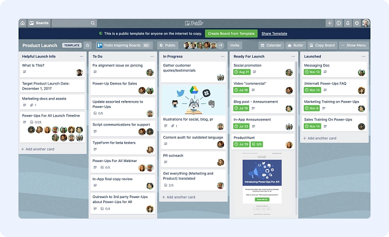 Kanban board for product launch planning with task stages, team collaboration, and workflow management in project management software