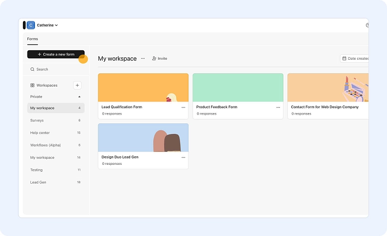 Online form builder dashboard with lead qualification, feedback, and contact forms in a business workflow tool