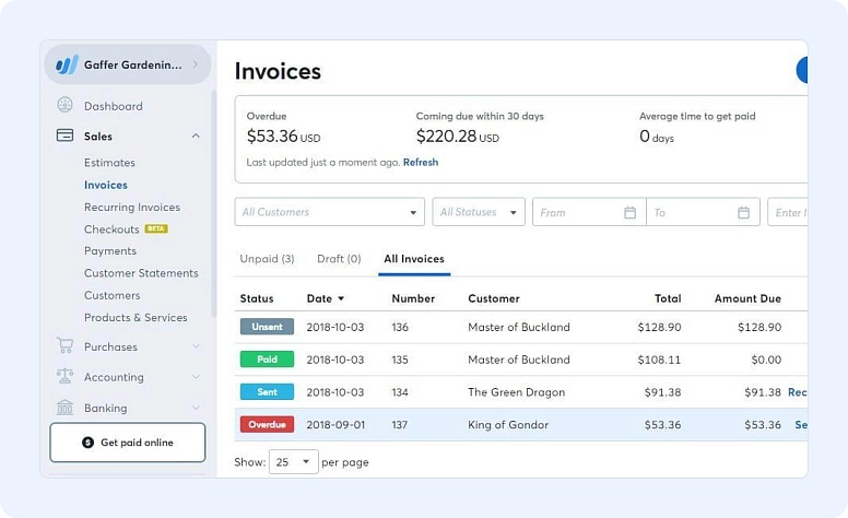 Invoice management dashboard with billing status, payments, and financial tracking in small business accounting software