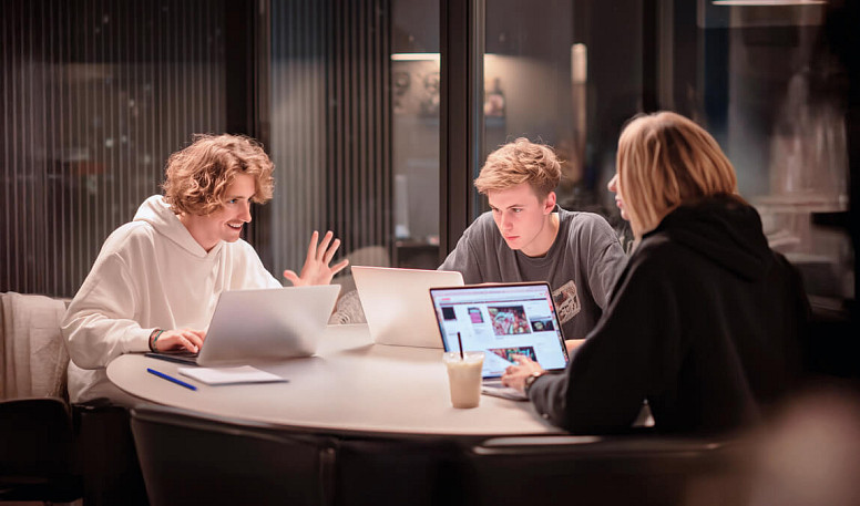 Team collaborating on laptops in a modern workspace using business management and productivity tools