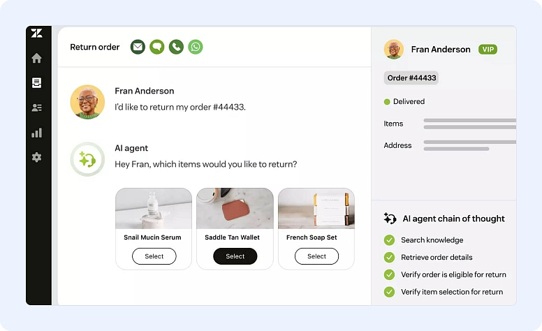 AI customer support interface handling return request with order details and automated workflow assistance