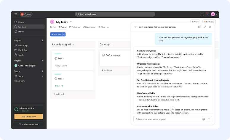 Task management dashboard with AI assistant providing task organization tips and workflow optimization in project management software