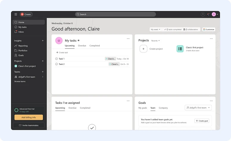 Project management dashboard with tasks, projects, goals, and team collaboration overview in workspace software