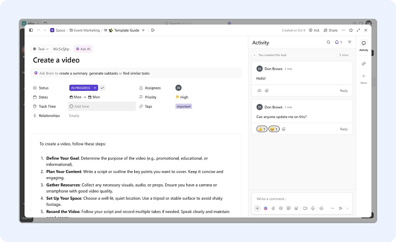 Task management interface with task details, priorities, assignees, and activity feed in project management software