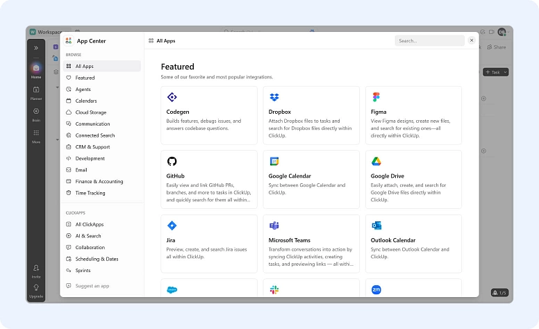 App marketplace with integrations like Google Drive, Slack, GitHub, and Dropbox in project management software