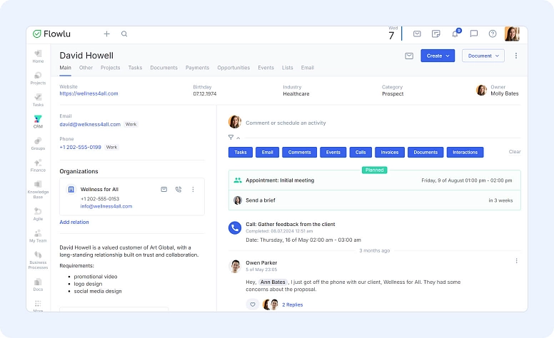 CRM contact profile with customer details, activities, tasks, and communication history in business management software
