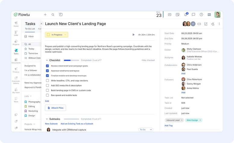 Task details view with checklist, assignees, deadlines, and progress tracking in project management software