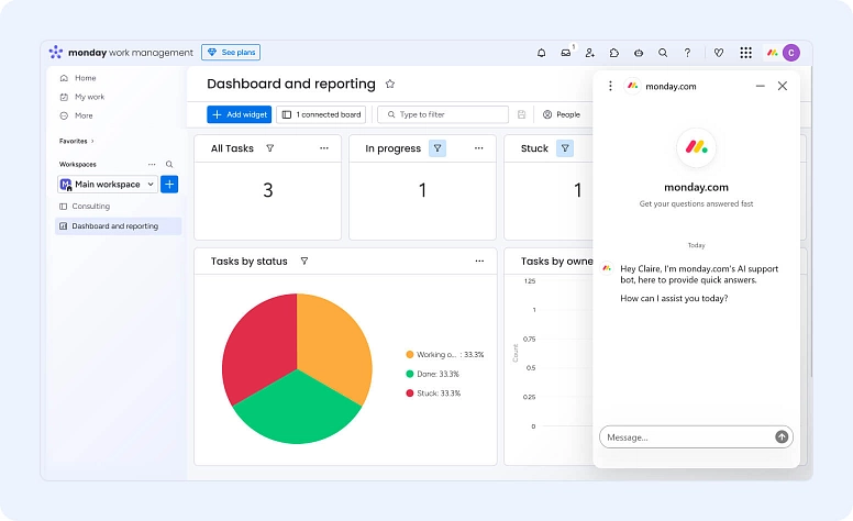Project management dashboard with reporting, task analytics, status charts, and AI support chat in team collaboration software