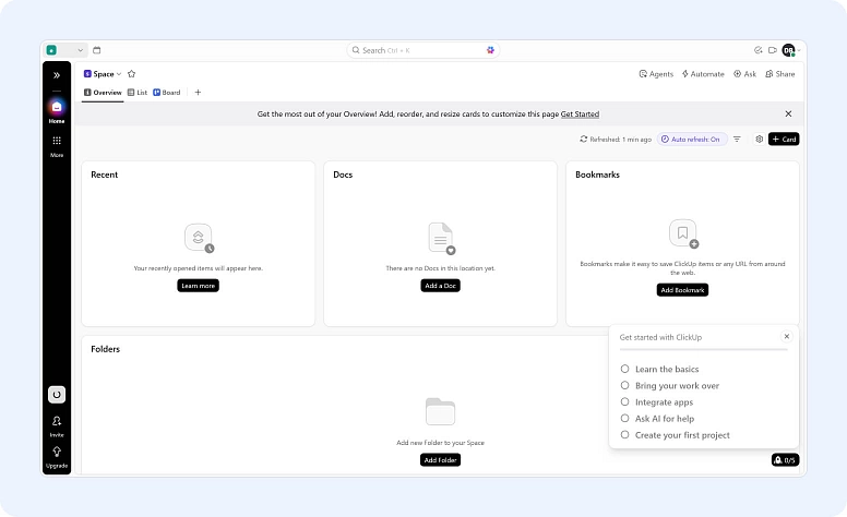 Project management workspace dashboard with documents, folders, bookmarks, and task organization in team collaboration software