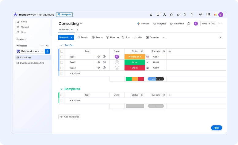 Task management board with statuses, owners, and deadlines in project management software for team collaboration