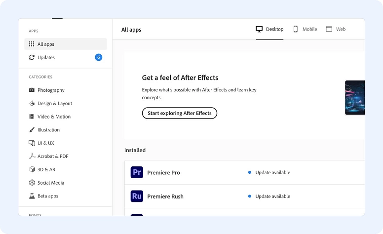 Creative Cloud apps dashboard with design, video editing, and UI tools for graphic designers