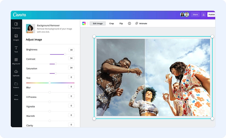 Canva graphic design editor with image editing tools, filters, and background remover