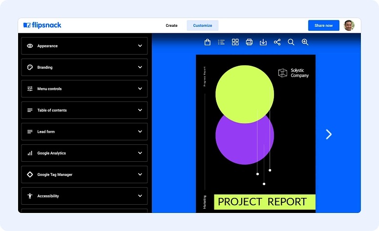 Flipsnack editor for creating and customizing interactive digital reports and design layouts