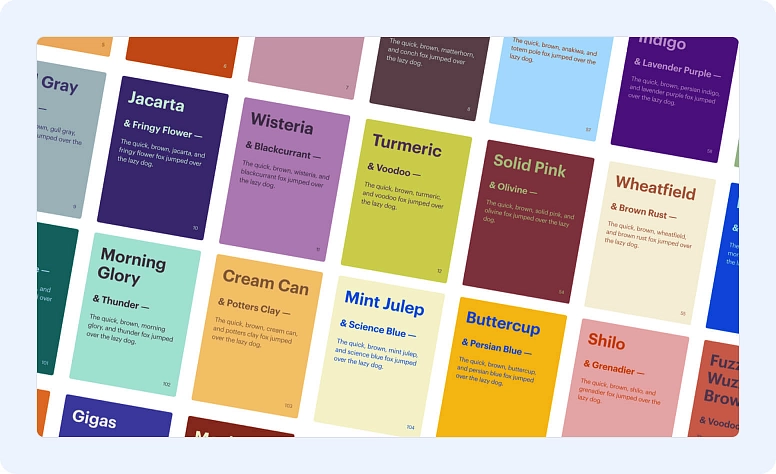 Color palette cards for graphic design projects showing various color combinations and swatches