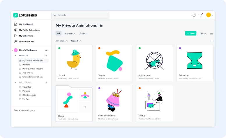 LottieFiles dashboard for managing animations and motion design assets in a creative workspace