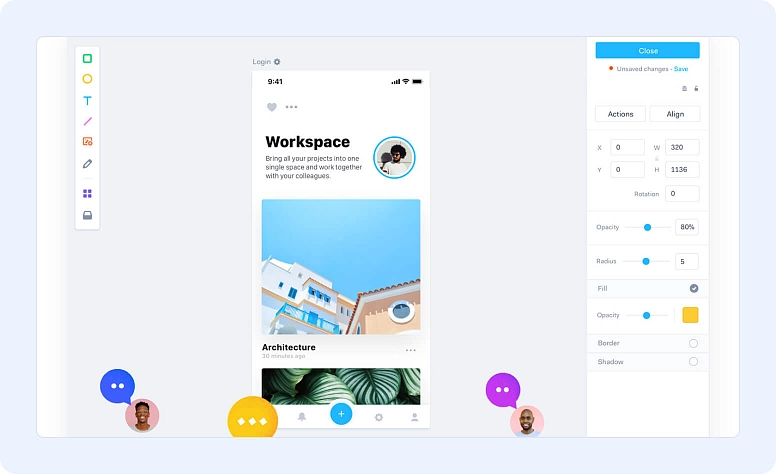 Mobile app UI design workspace with interface editing tools and real-time collaboration