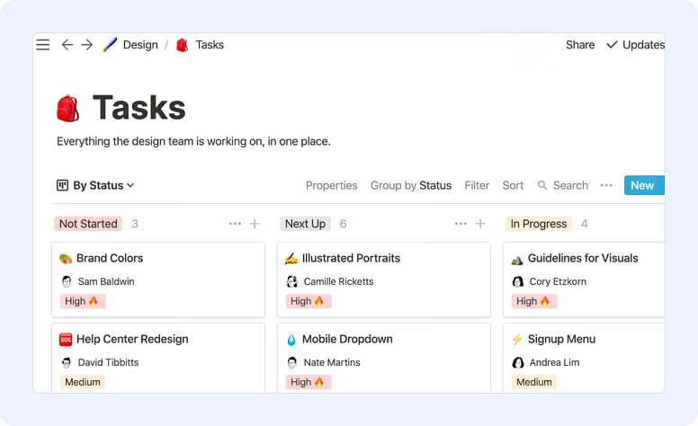 Task management board for design team with statuses, priorities, and project tasks overview