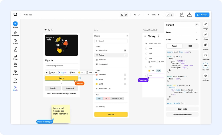 UI/UX design collaboration tool with app interface prototyping, components, and developer handoff